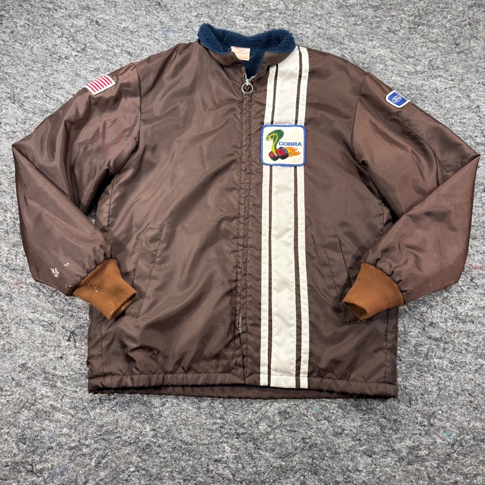 Vintage Mel Nick Ford Cobra Racing Jacket Brown Sherpa Lined Nylon Mens Medium